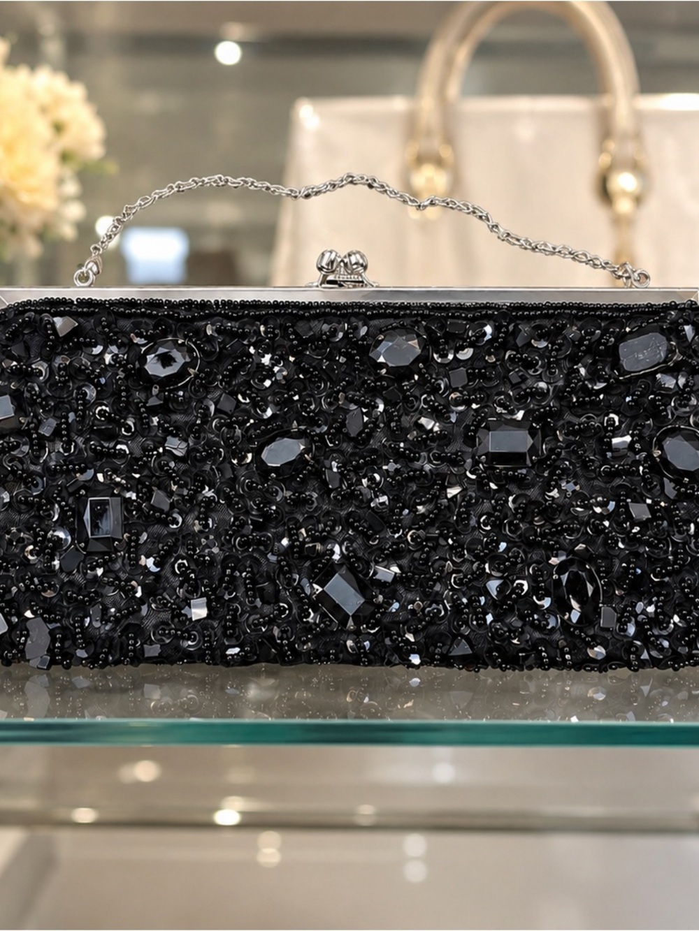 Vintage Black Beaded Clutch with Large Rhinestones, Handmade Evening Bag